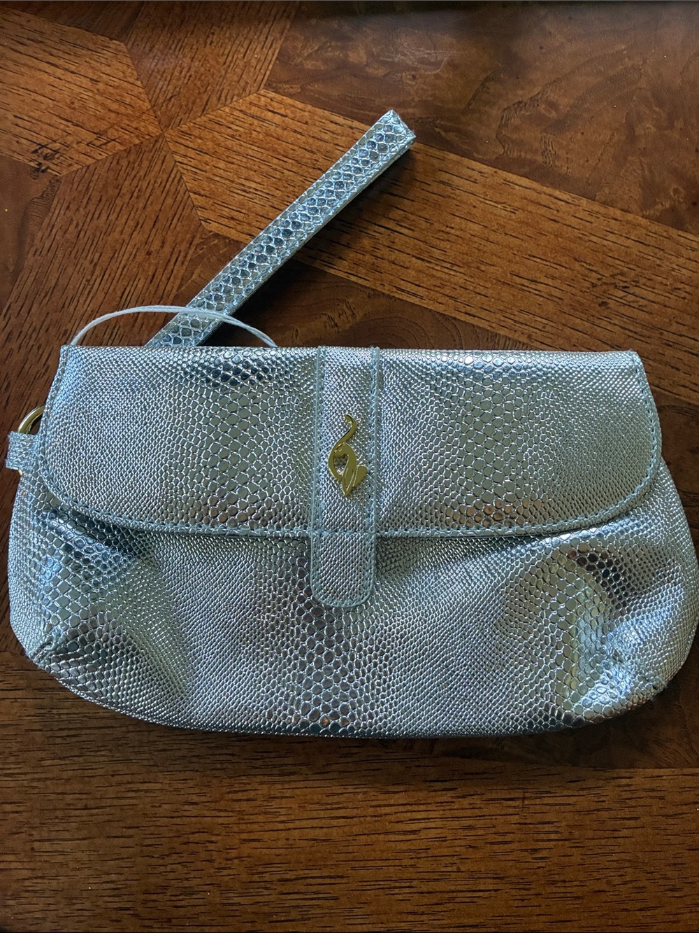 Baby Phat Metallic Silver Snakeskin-Style Wristlet Clutch